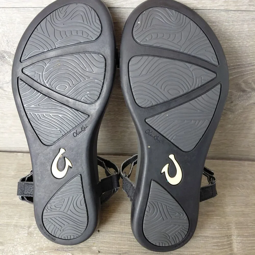 Olukai Sandals Women 9 Black Luana Strappy Adjustable Ankle Slingback Beach Shoe